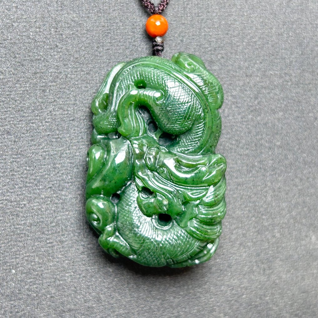 Πιστοποιημένο νεφρίτη χαλαζίας Μενταγιόν με φυλαχτό δράκου - Ύψος: 59 mm - Πλάτος: 39 mm- 78.11 g #4.3