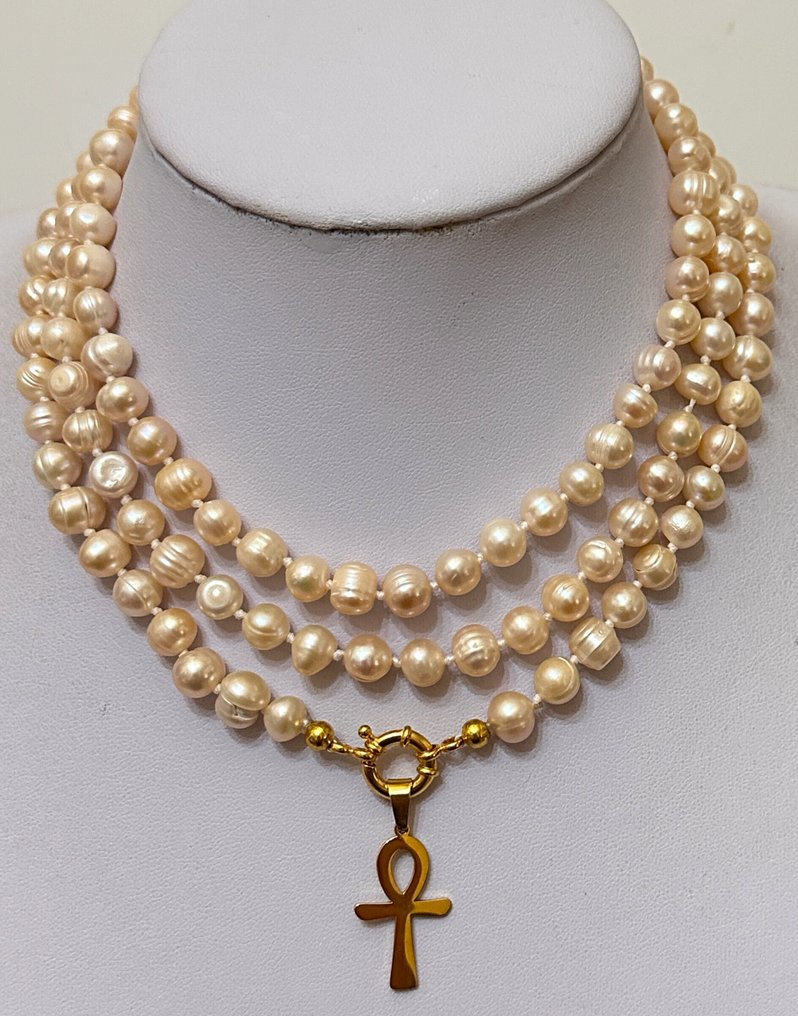 柔和自然的粉色珍珠。AAA高品质，象征生命之十字。圣人保护。 - 吊坠项链 - Con cierra de Plata 925 #1.0