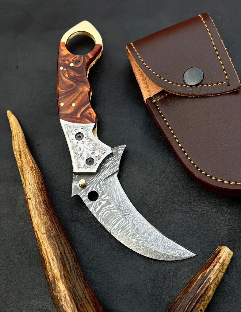 廚刀 -  厨房刀具 - 折叠刀 - 线锁 - Risen雕刻款 - 皮革 - ASIA - 木材 - 亞洲 #3.2