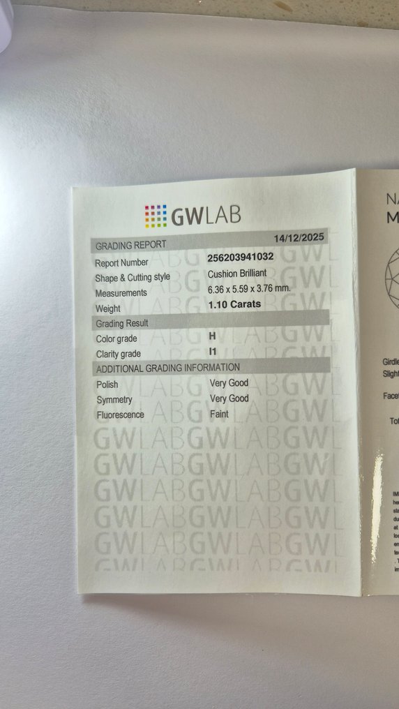 No reserve price - 1 pcs Diamond  (Natural)  - 1.10 ct - Cushion - H - I1 - Gemewizard Gemological Laboratory (GWLab) #3.2