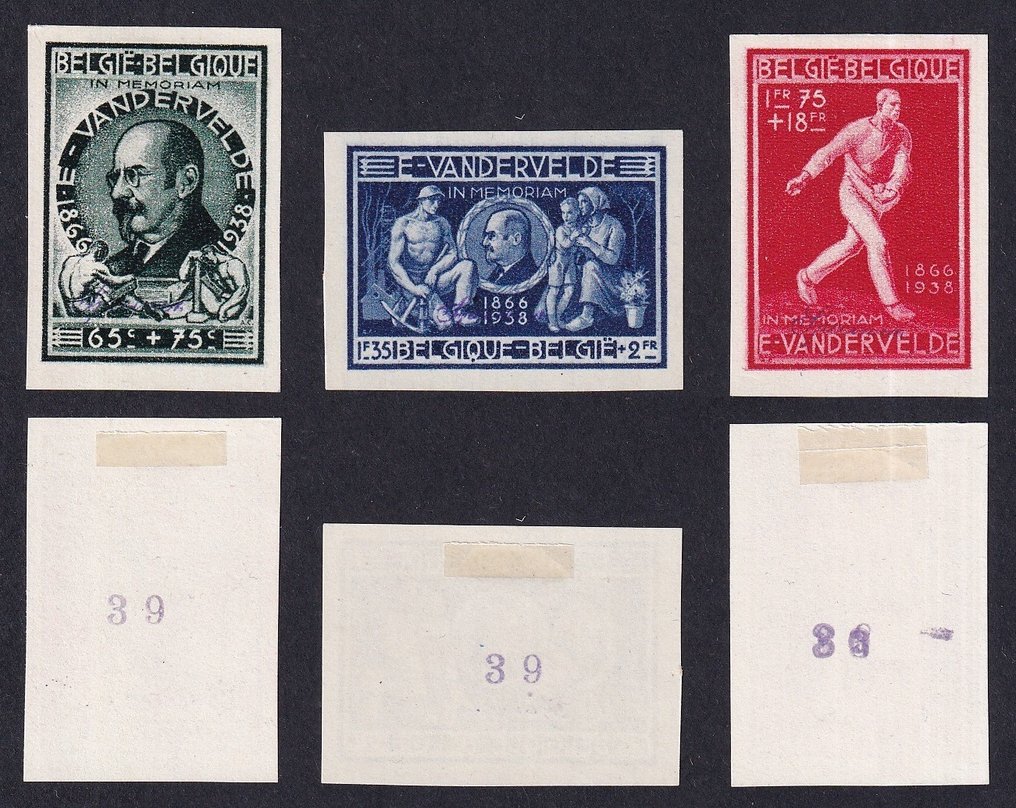 比利时 1946 - ONGETAND 完整系列 Pater Damiaan、Emile Vandervelde 和 François Bovesse - 稀有 - 发行量 - OBP 728/36 #2.1