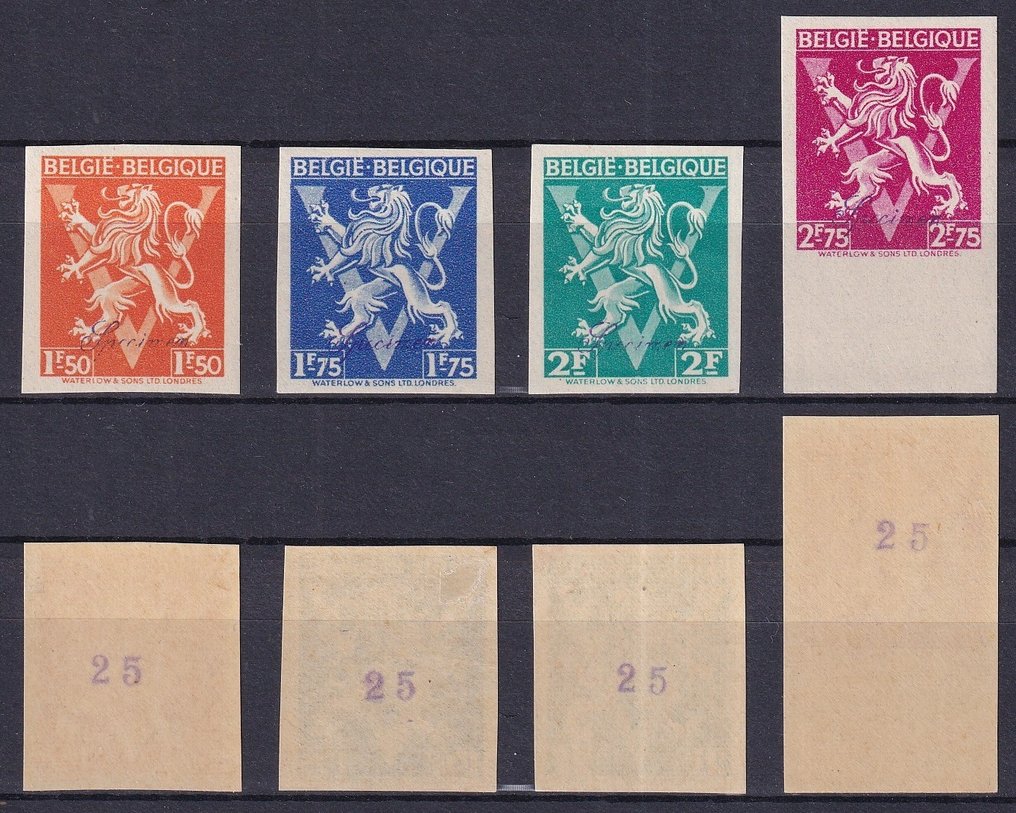 Belgium 1944 - Complete series of heraldic lion badges with a large 'V' type, 'Belgium - Belgique', with printing. - OBP 674A/689A #3.2