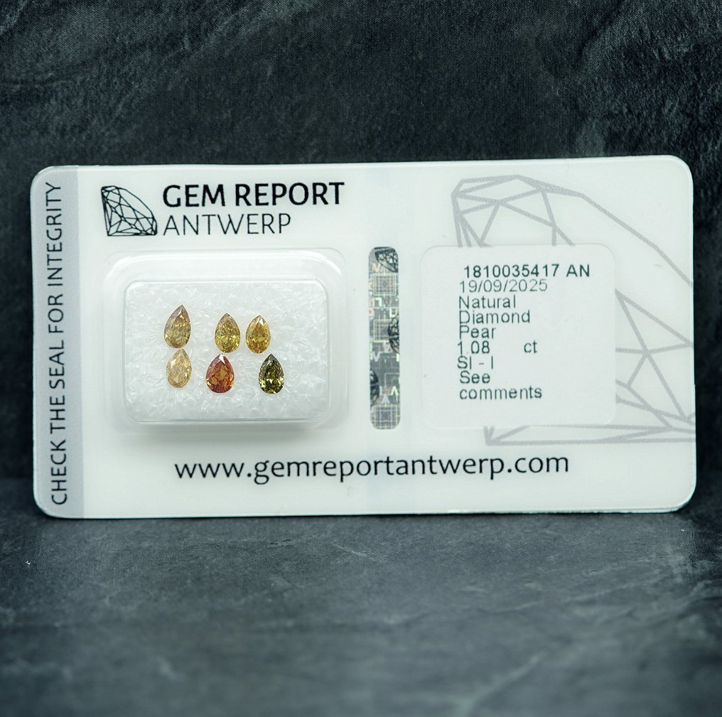 6 pcs Diamond  (Natural)  - 1.08 ct - Pear - SI1, I1 - Gem Report Antwerp (GRA) #1.0