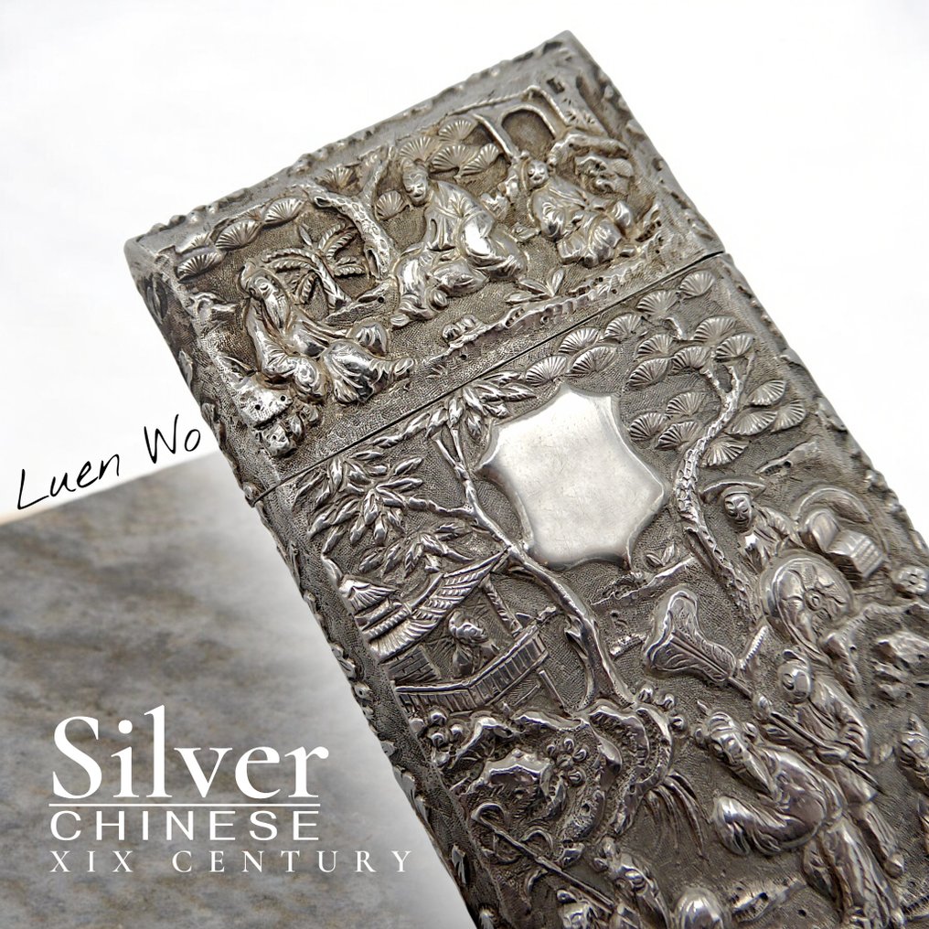 Qing (慶) - Luen Wo di Shanghai - Portacarte - Cinese da Esportazione Mod. "乡村": Scene di Campagna - Argento con Marchio Originale - 1885 #1.0