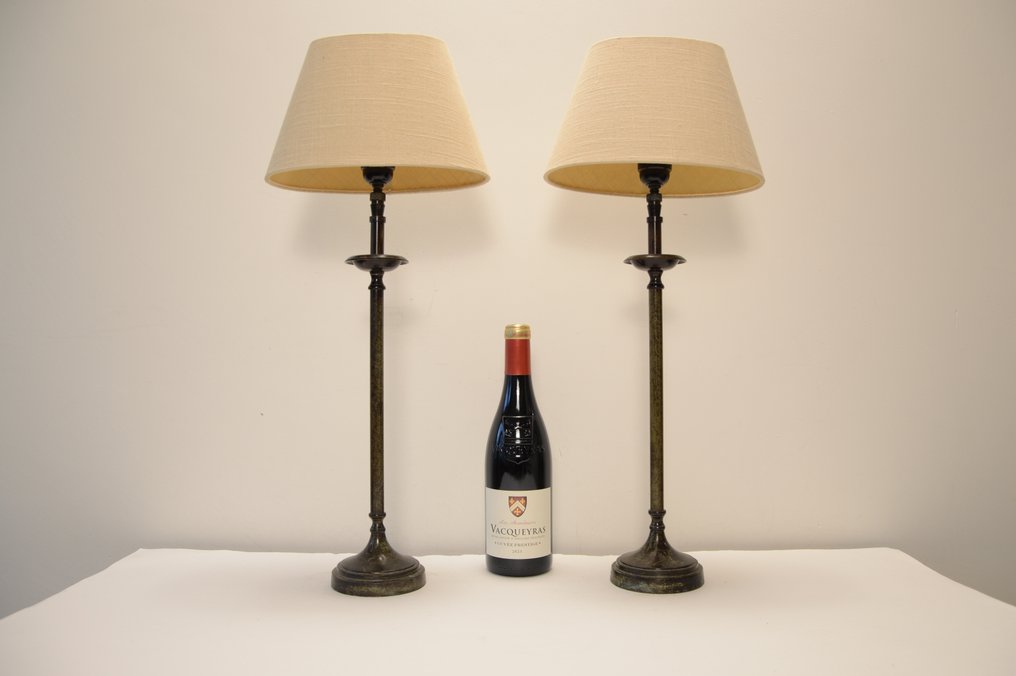 Tischlampe (2) - Paar neoklassischer Tischlampen - Metall, Leinen #3.2