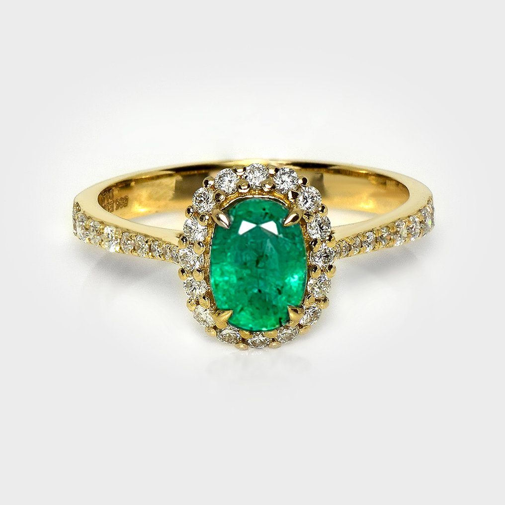 No reserve price - Ring - 14 kt. Yellow gold, IGI 1.06 ct Zambia Intense Green -  1.47ct. tw. Emerald - Diamond #1.0