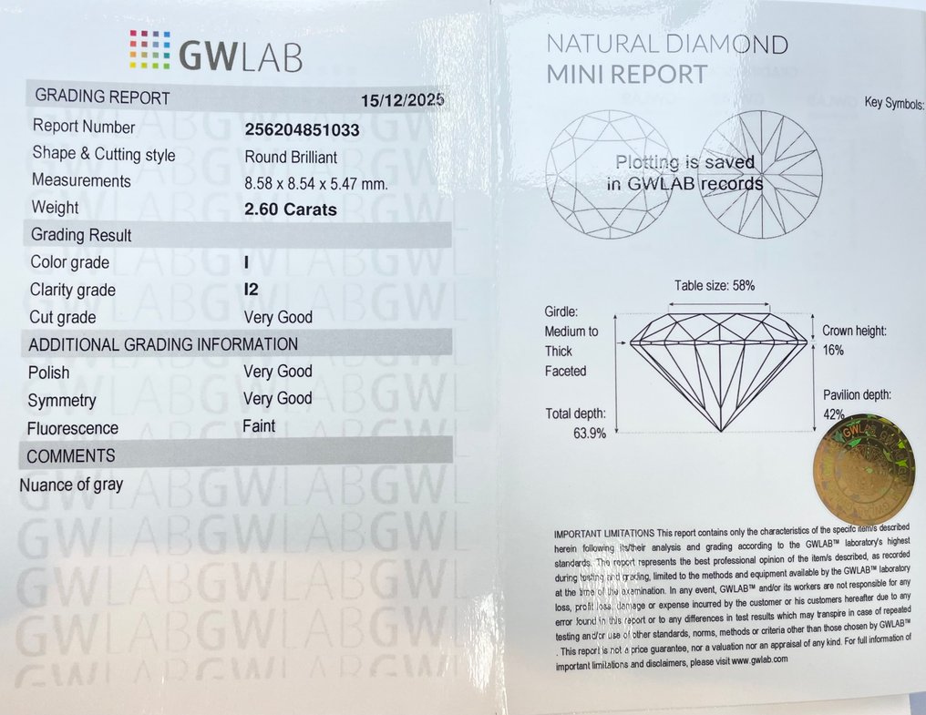 χωρίς τιμή ασφαλείας - 1 pcs Διαμάντι  (Φυσικό)  - 2.60 ct - Στρογγυλό - I - I2 - Gemewizard Gemological Laboratory (GWLab) #2.1