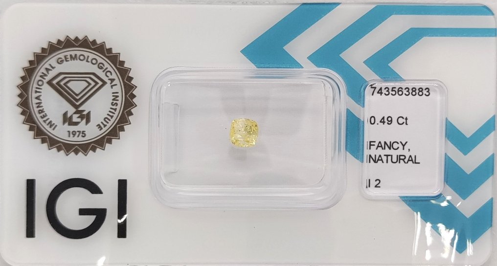 没有保留价 - 1 pcs 钻石  (天然色彩的)  - 0.49 ct - 枕形 - Fancy intense 黄色 - I2 内含二级 - 国际宝石研究院（IGI） #1.0