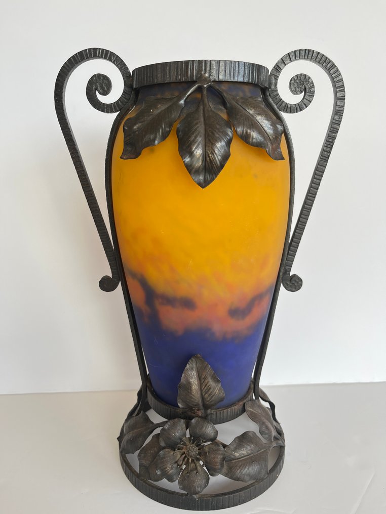 Muller Frères - 花瓶 -  新艺术风格大花瓶，签名“Muller Frès Luneville”——酸蚀玻璃与铁艺底座 - 酸蚀玻璃 - 37.5 厘米高 #2.1