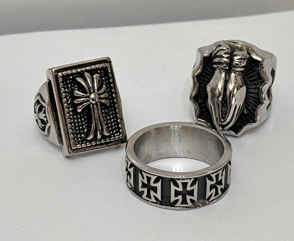 3个宗教戒指，带有马耳他十字；哥特十字；祈祷之手 - 戒指 - 金属，低过敏性 #2.1