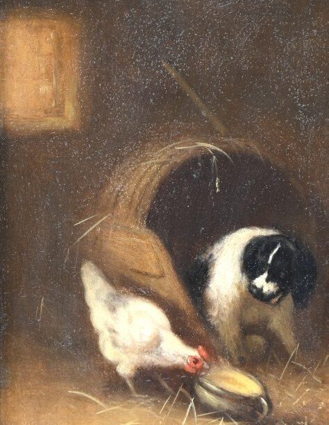 European school, XIX century - Scène de basse-cour – Poule et chien dans un intérieur rustique #3.2