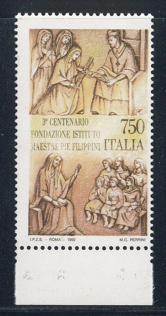 義大利共和國  - Maestre Pie Filippini，750里拉，缺少蓝色印刷。Cert. Carraro。 - Sassone n. 1995a #1.0