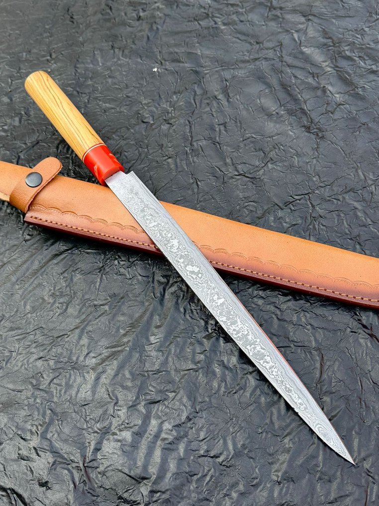 廚刀 -  厨房刀 - 大马士革 10/95 15N20 厨师刀 手工刀具，随机花纹，ASH 木材 - 木材 - 亞洲 #3.2