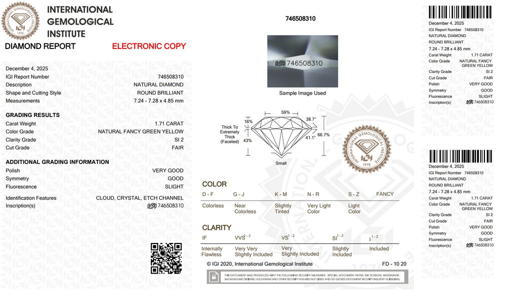 1 pcs Diamant (Couleur naturelle) - 1.71 ct - Rond - Fancy Vert Jaune - SI2 - International Gemological Institute (IGI) #2.1