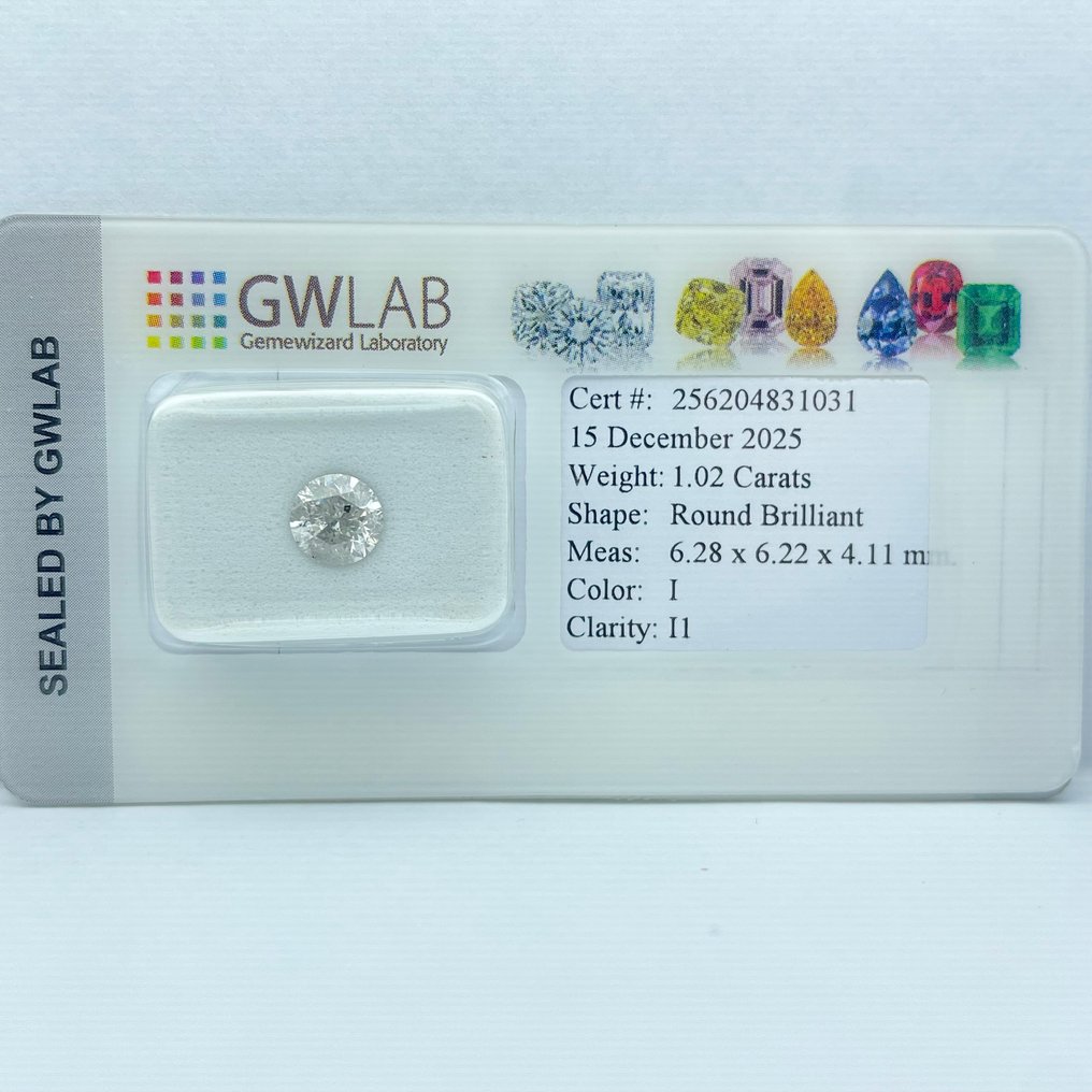 沒有保留價 - 1 pcs 鑽石 (天然) - 1.02 ct - 圓形 - I(極微黃、正面看為白色) - I1 - Gemewizard Gemological Laboratory (GWLab) #4.3