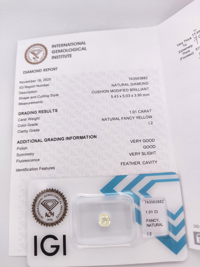 没有保留价 - 1 pcs 钻石 (天然色彩的) - 1.01 ct - 枕形 - Fancy 黄色 - I2 内含二级 - 国际宝石研究院(IGI) #3.2