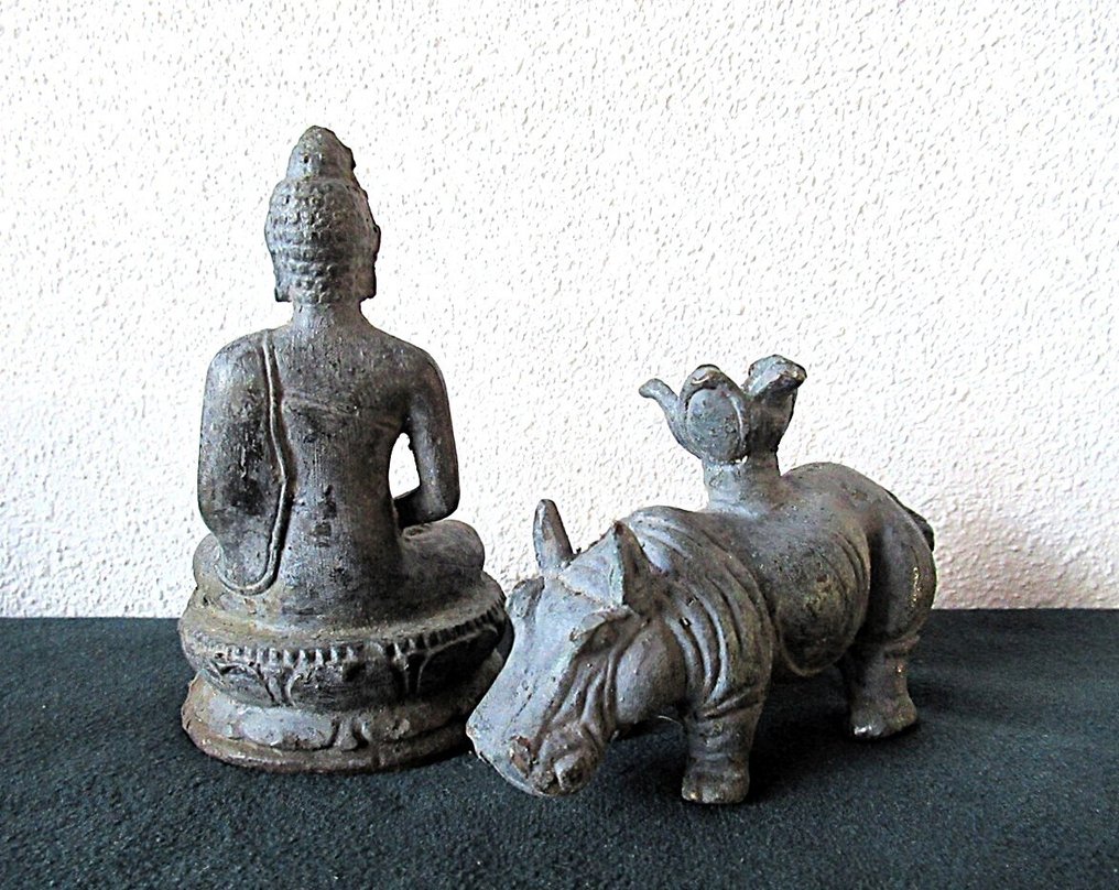 Άγαλμα, 2x Objecten - Samadhi Mudra Boeddha + Nijlpaard lotusbloem - 12.5 cm - Μπρούντζος #1.0