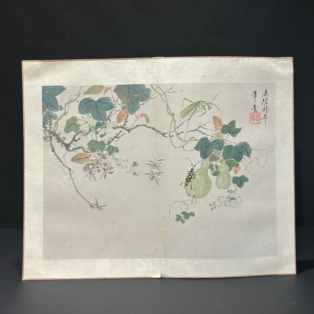 aquarel schildering van kalebas met insekten - gesigneerd - China - Qing Dynasty (1644-1911)  (No reserve price) #1.0