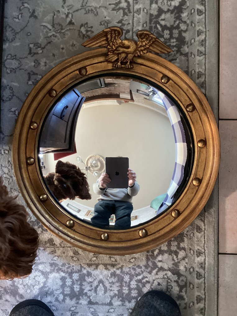 Wall mirror- Convex “Witch Mirror” with Eagle Crest  - Wood, Glass - “Witch Mirror” #4.3