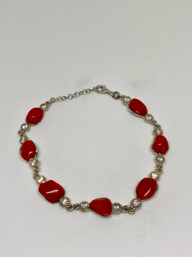 血珊瑚 - 银 - 手镯 - 珊瑚手链 #4.3