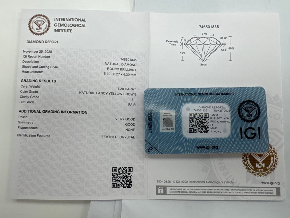 Ei pohjahintaa - 1 pcs Timantti  (Luonnonvärinen)  - 1.20 ct - Pyöreä - Fancy Keltainen, Ruskea - I1 - Kansainvälinen gemologinen instituutti (IGI) #3.2