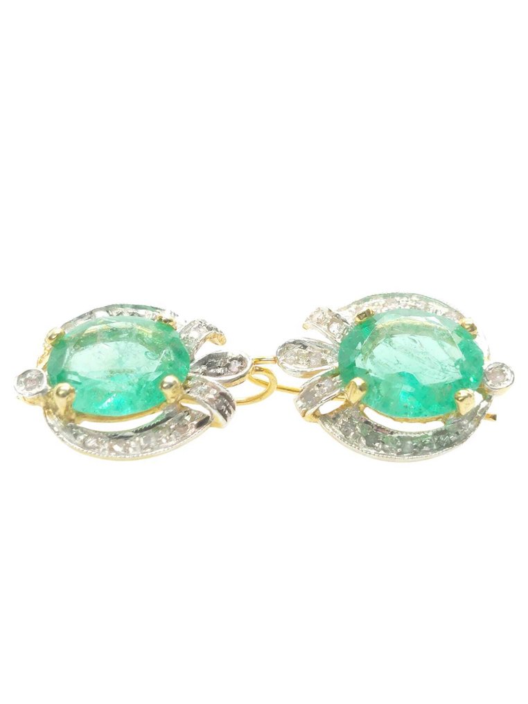 没有保留价 - 耳环 - 9 kt. 银, 黄金 祖母绿 - 钻石 #1.0