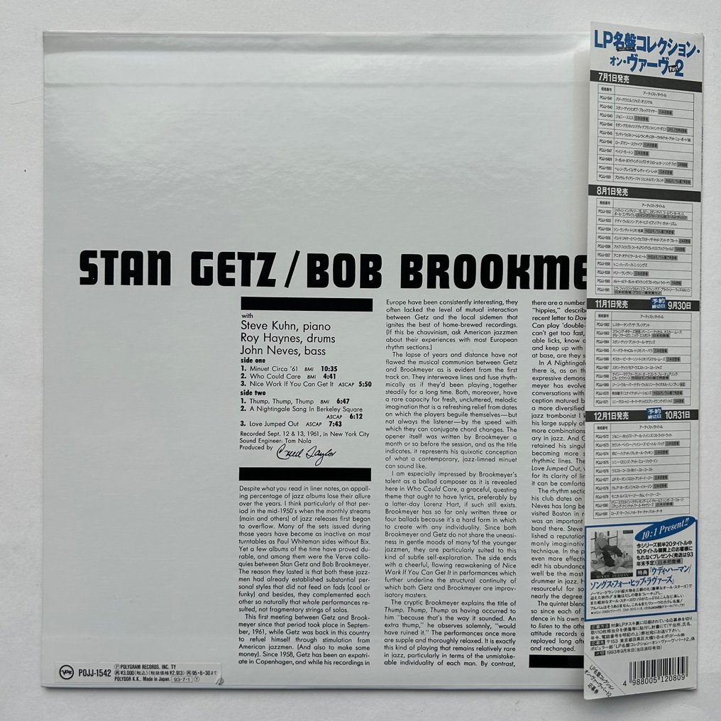 Stan Getz - Getz and Brookmeyer, recorded fall 1961 - Disco de vinilo único - 1993 #1.0