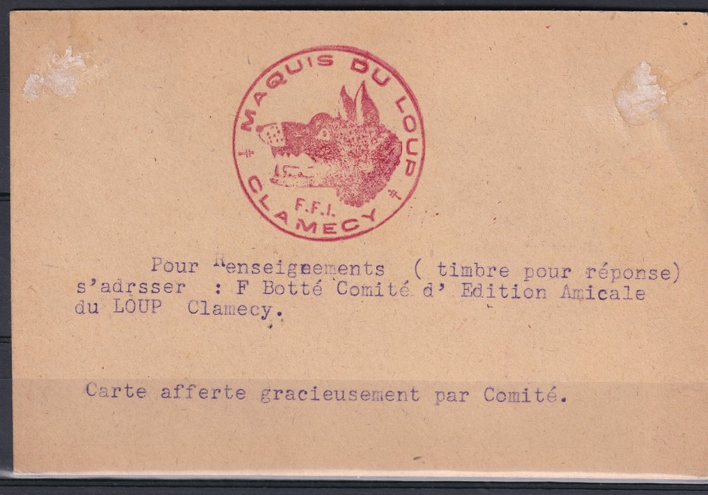 法国 1945 - 狼荒野解放在卡片上，价格为450欧元。 #2.1