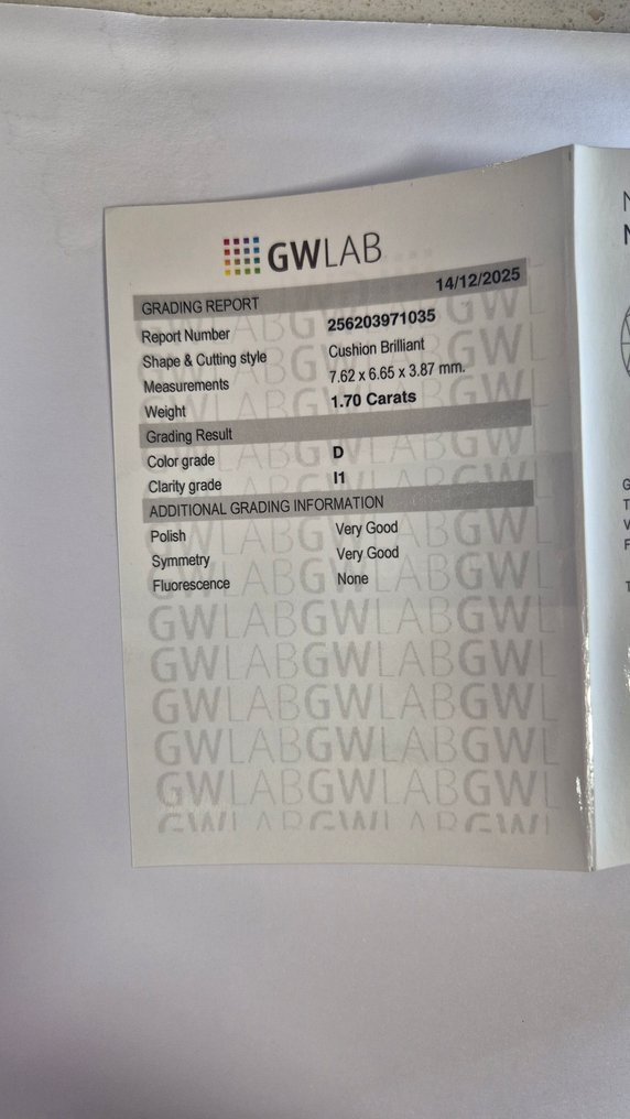 No reserve price - 1 pcs Diamond (Natural) - 1.70 ct - Cushion - D (colourless) - I1 - Gemewizard Gemological Laboratory (GWLab) #3.2
