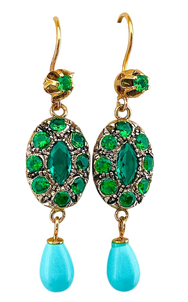 没有保留价 - 耳环 - 9 kt. 黄金, 银 祖母绿 - 绿松石 #4.3