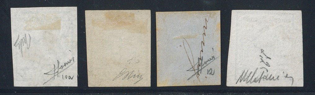 Anciens États italiens - Lombardie-Vénétie  - 45 c. n. 10/11 + la même sur papier à machine n° 22, certains siglés Sorani ou Chiavarello. #1.0