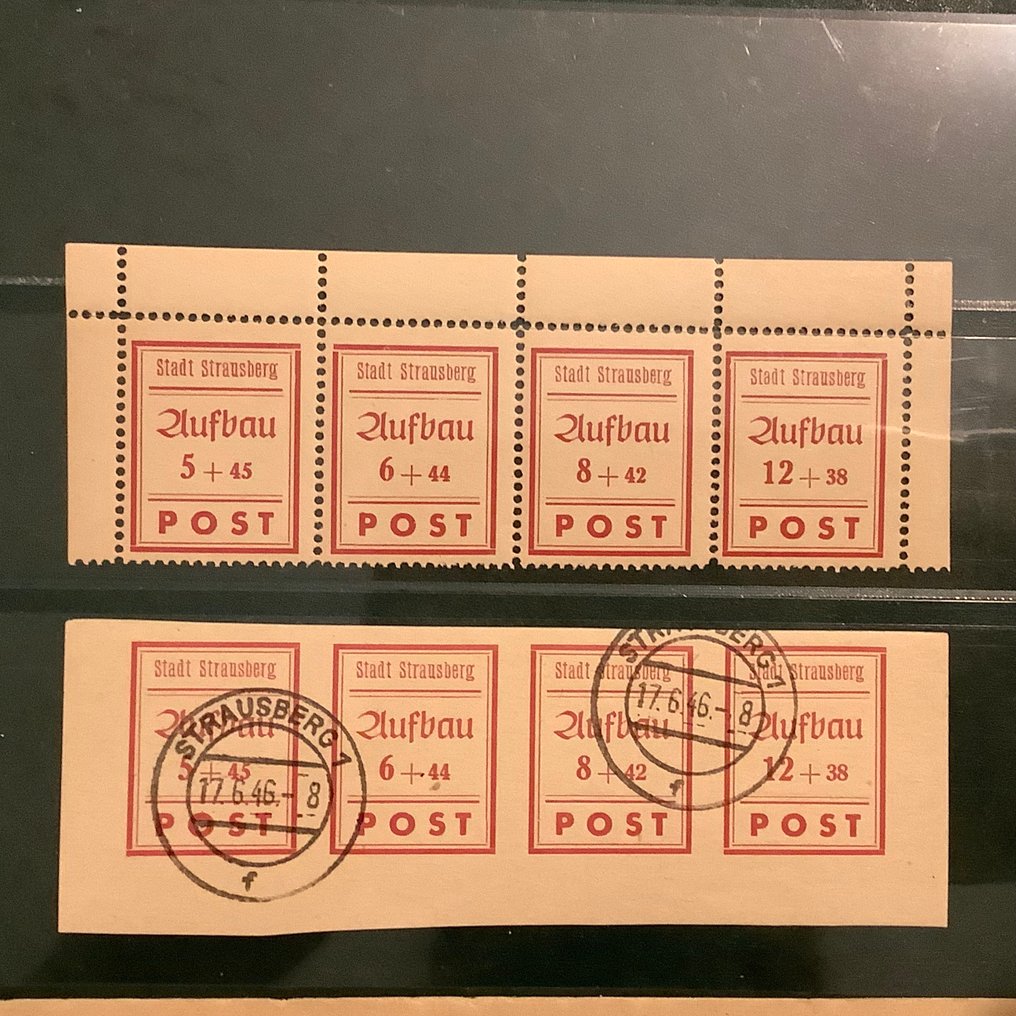 Γερμανία - Τοπικά ταχυδρομεία 1945 - Στράουσμπεργκ: μικρό οικόπεδο και με τα δύο οικοδομικά τετράγωνα - Michel 34/37A en B en blokken 1/2 #1.0