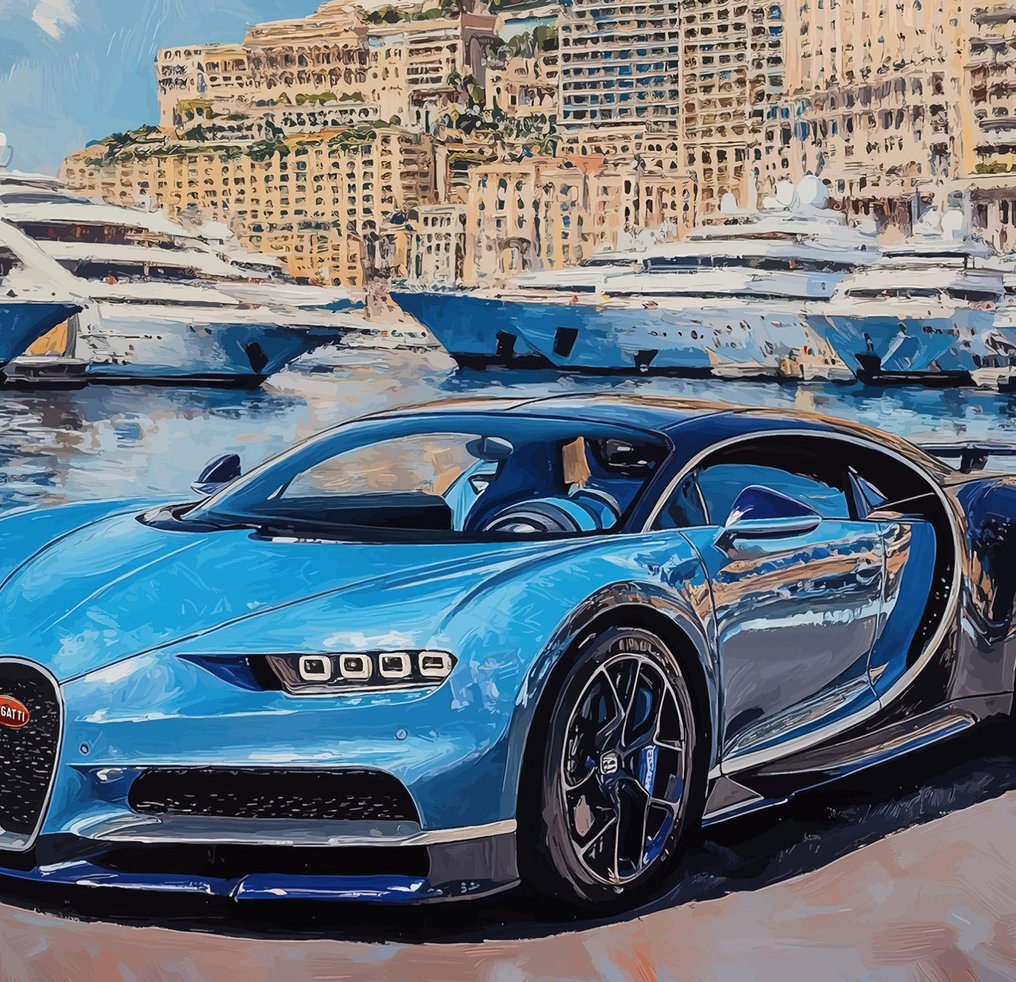 Canvas Fit - Alberto Ricardo - Bugatti Chiron — Lujo azul frente al puerto de Mónaco #1.0