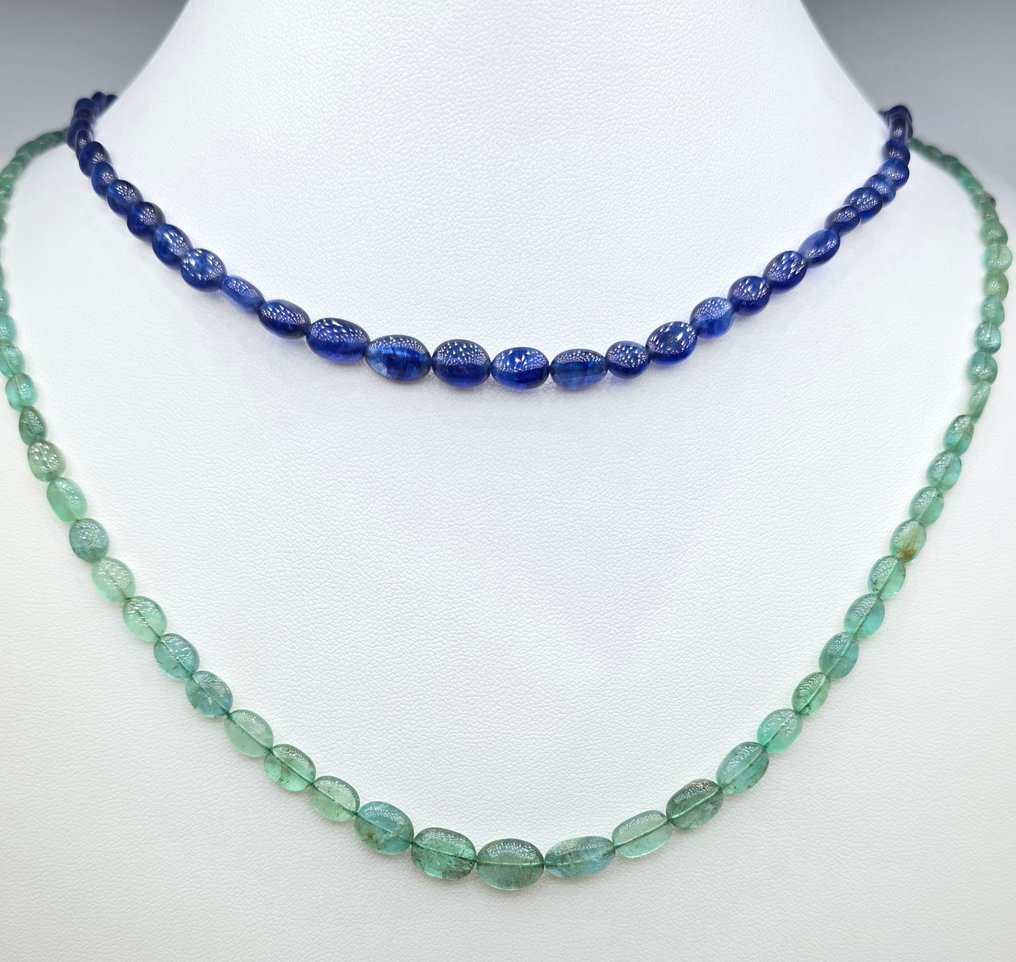 Zonder minimumprijs - Halsketting - 18 karaat Geel goud Smaragd - Saffier - 2 draden smaragd/saffier #1.0