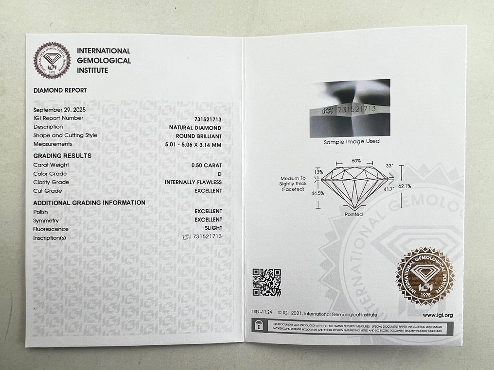 1 pcs Διαμάντι  (Φυσικό)  - 0.50 ct - Στρογγυλό - D (άχρωμο) - IF - International Gemological Institute (IGI) #2.1