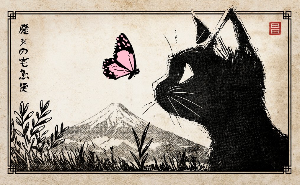 Kodo88 Giclée - Jiji and the Pink Butterfly at Mt. Fuji 富士山のジジと蝶 – Limited Edition (9/10) – Hand Signed #3.2