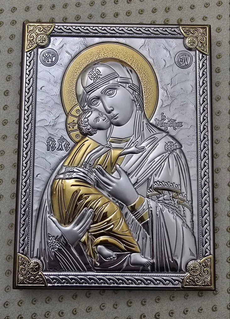 标志 - 弗拉基米尔上帝之母 - 镀银, 木 - 18 x 24 厘米 #1.0