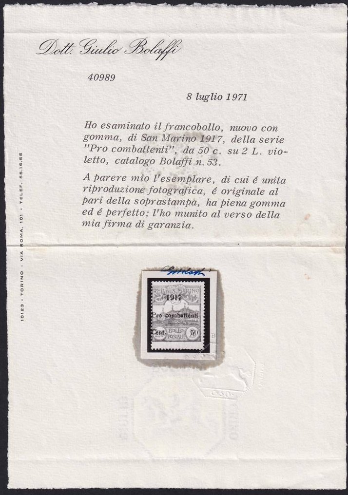 Σαν Μαρίνο 1917 - Pro Combattenti Συλλεκτική Σειρά Sass S.13 ολοκληρωμένη mNH** Cert.G.Bolaffi Spl #1.0