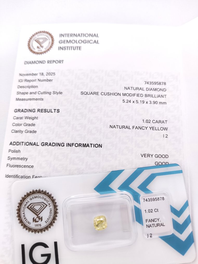 没有保留价 - 1 pcs 钻石 (天然色彩的) - 1.02 ct - 枕形 - Fancy 黄色 - I2 内含二级 - 国际宝石研究院(IGI) #3.2