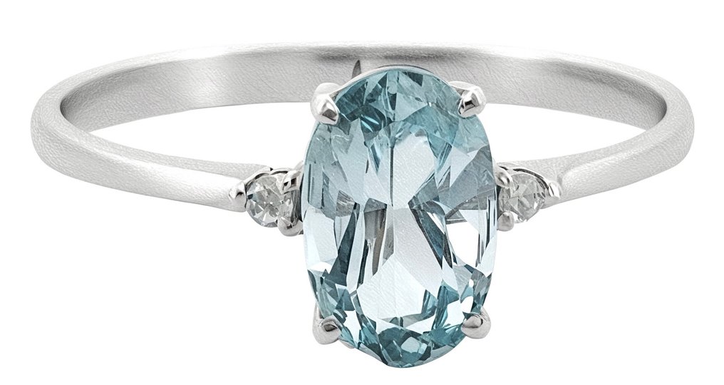 Utan reservationspris - Ring - 18 kt Vittguld Akvamarin - Diamant #1.0