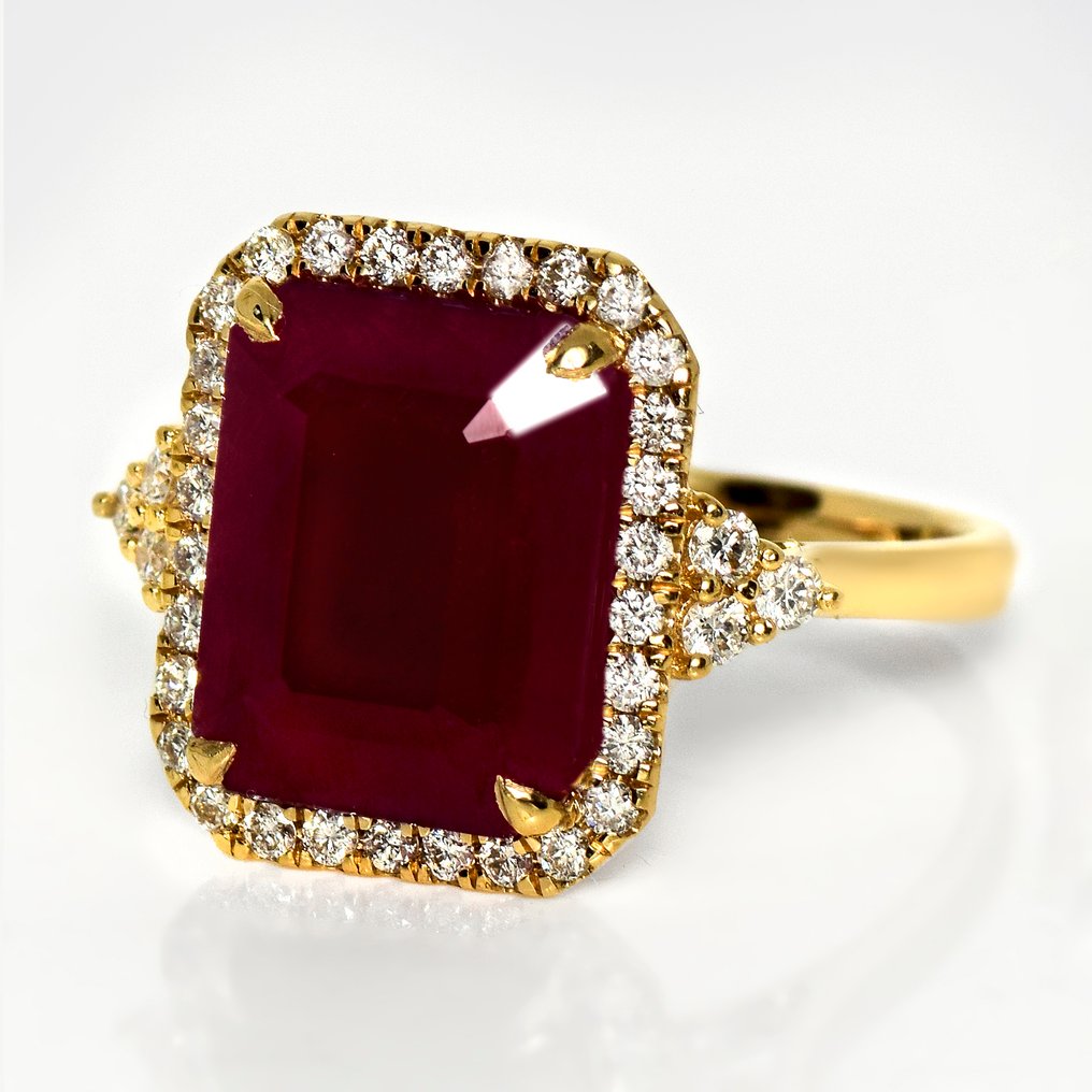 没有保留价 - 戒指 - 14K包金 HRD 5.10 克拉未加热紫红色, 黄金 -  5.58ct. tw. 红宝石 - 钻石 #2.1