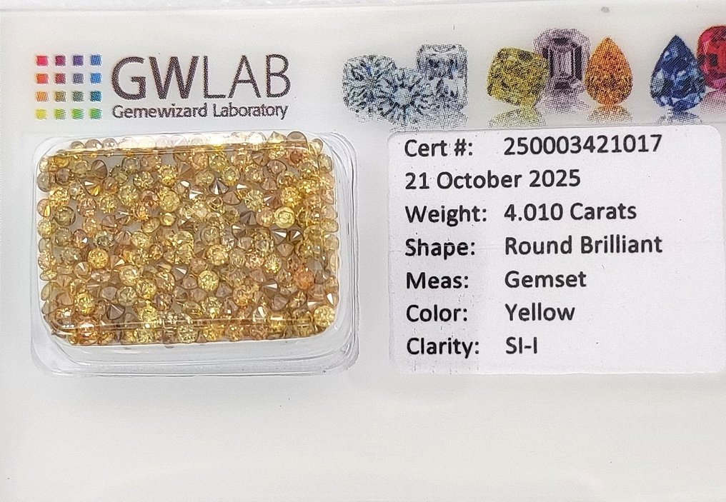 Sin precio de reserva - 209 pcs Diamante  (Color natural)  - 4.01 ct - Redondo Colores mezclados - I1, SI1 - Gemewizard Gemological Laboratory (GWLab) #2.1