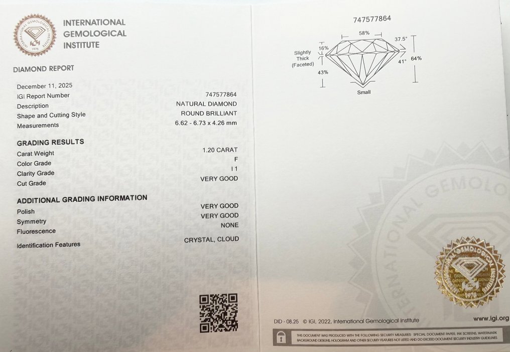 Zonder minimumprijs - 1 pcs Diamant  (Natuurlijk)  - 1.20 ct - Rond - F - P1 - International Gemological Institute (IGI) #2.1