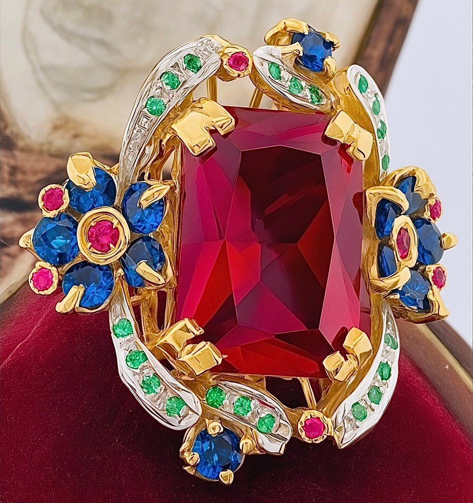 Ingen mindstepris - Ring - 9 kt. Gulguld, Sølv Rubin - Safir #2.1