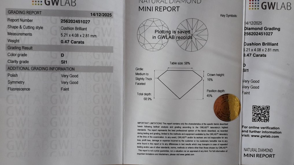 Ei pohjahintaa - 1 pcs Timantti  (Luonnollinen)  - 0.47 ct - Cushion (pyöristetty neliö) - D (väritön) - SI1 - Gemewizardin gemologinen laboratorio (GWLab) #3.2