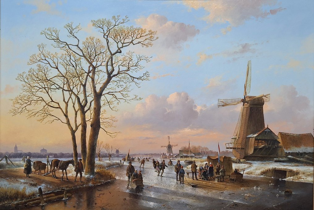Fred Arends (1949) - Winter landschap met vele figuren en avondrood #1.0