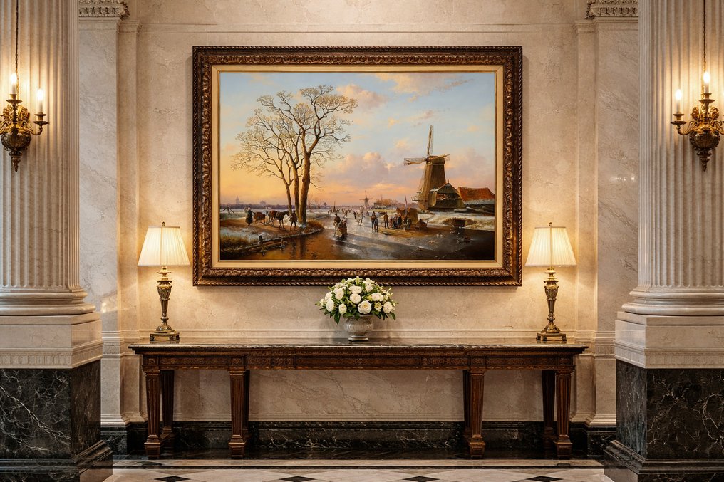 Fred Arends (1949) - Winter landschap met vele figuren en avondrood #2.1