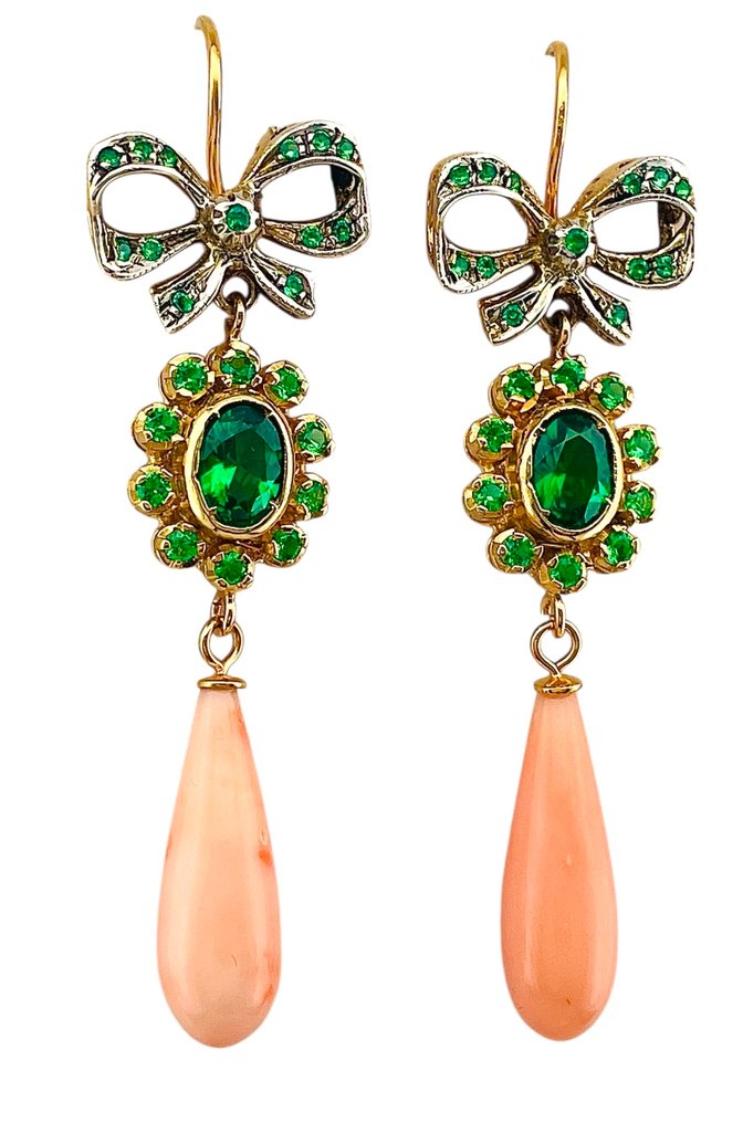 Senza prezzo di riserva - Orecchini - 9 kt Oro giallo, Argento Smeraldo - Corallo #4.3