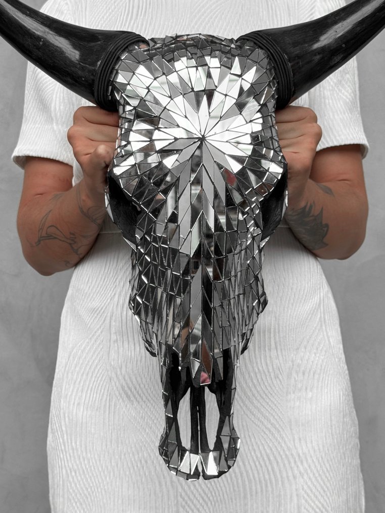 无底价 - 精美的牛头骨，镶嵌玻璃马赛克，银质。 颅骨 - Bos Taurus - 52 cm - 50 cm - 16 cm- 非《濒危物种公约》物种 -  (1) #1.0