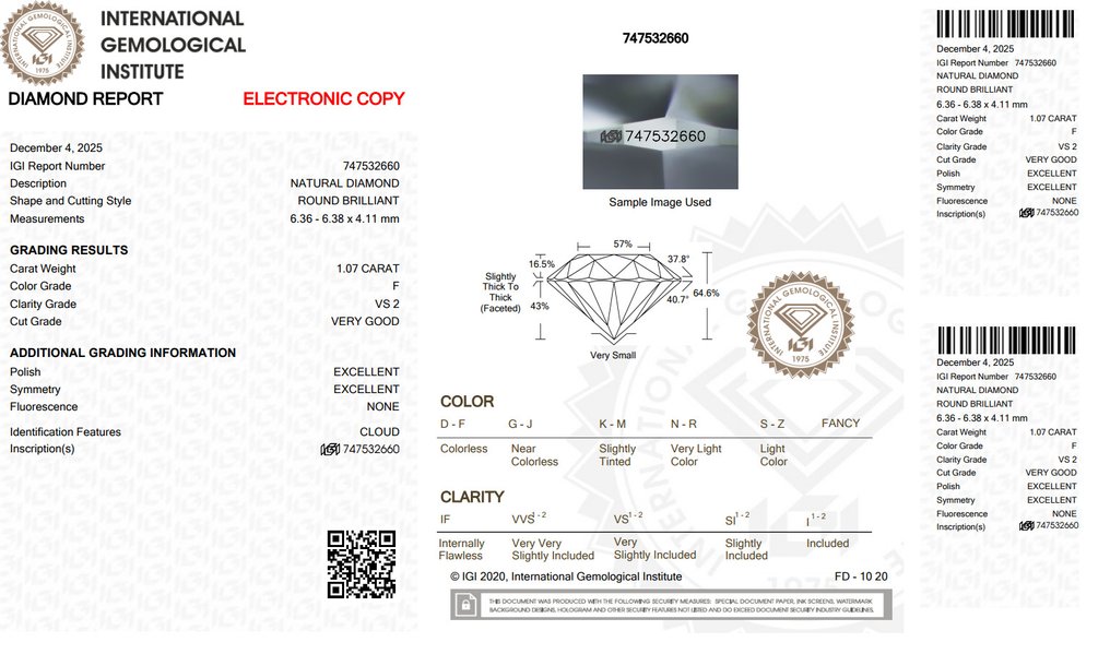 1 pcs 钻石 (天然) - 1.07 ct - 圆形 - F - VS2 轻微内含二级 - 国际宝石研究院(IGI) #2.1